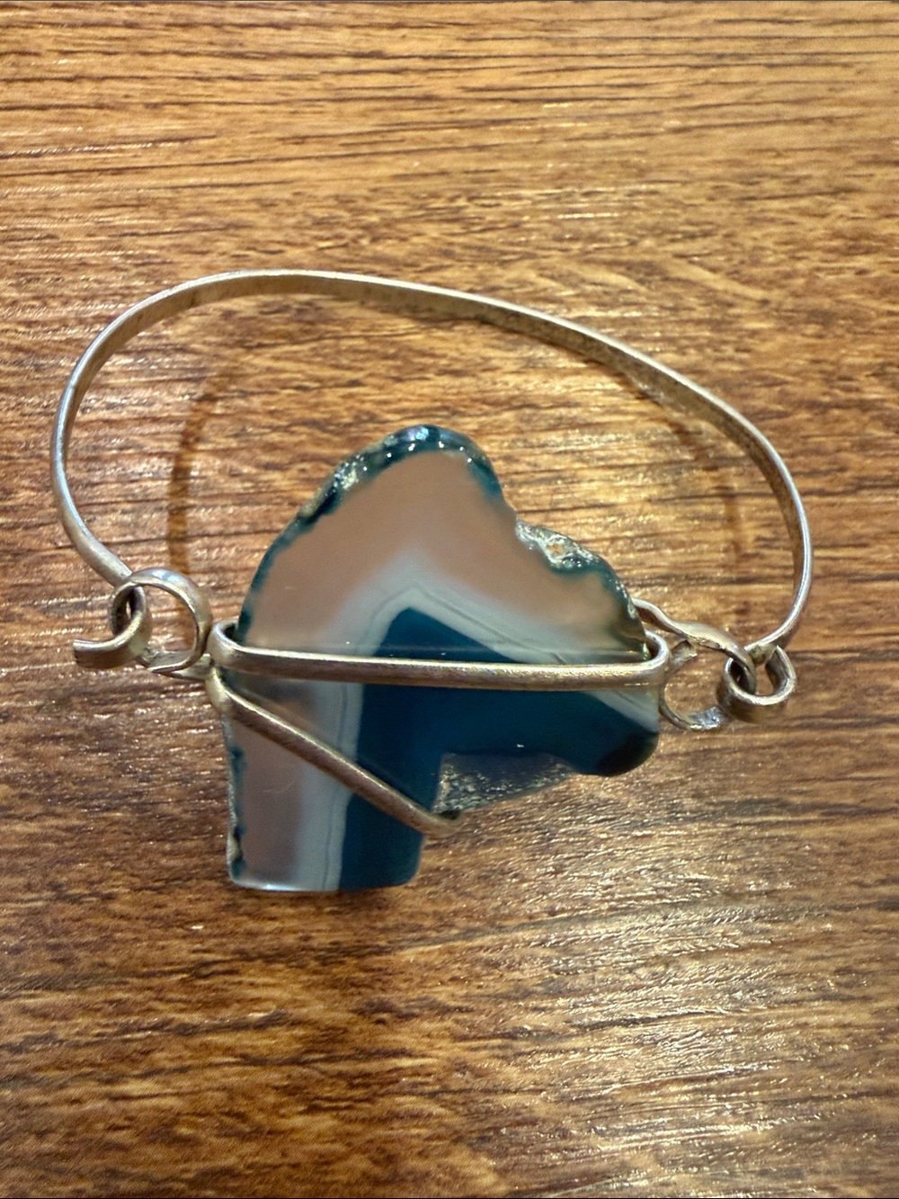 Silver Bangle Bracelet with Teal and White Agate Slice